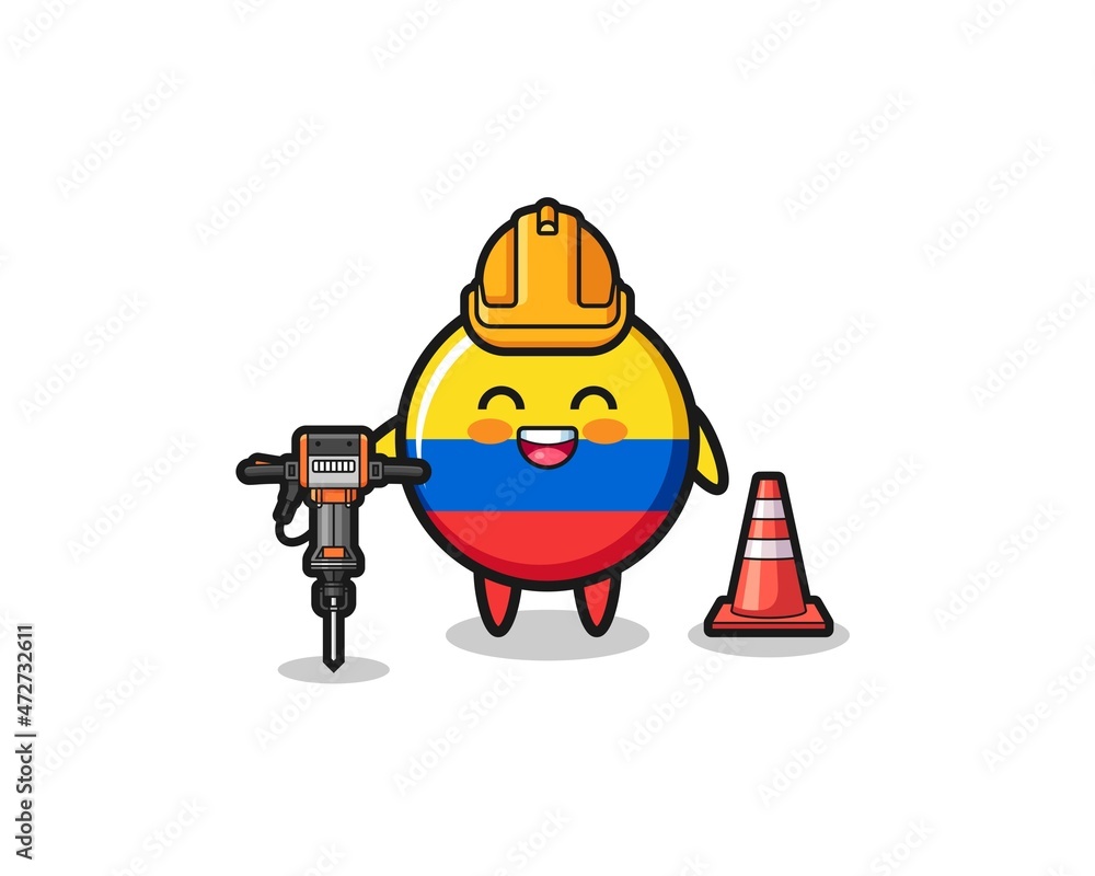 Naklejka premium road worker mascot of colombia flag holding drill machine