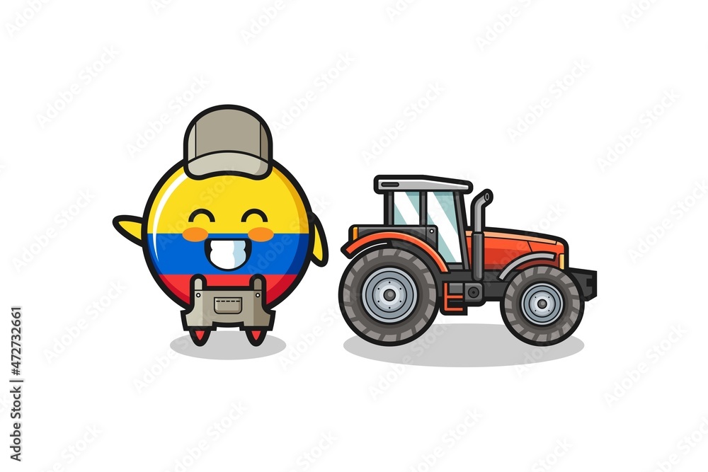 the colombia flag farmer mascot standing beside a tractor