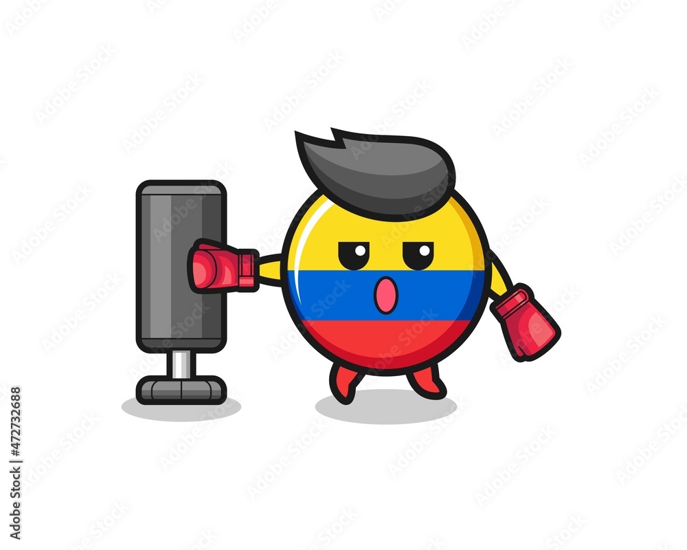 colombia flag boxer cartoon doing training with punching bag