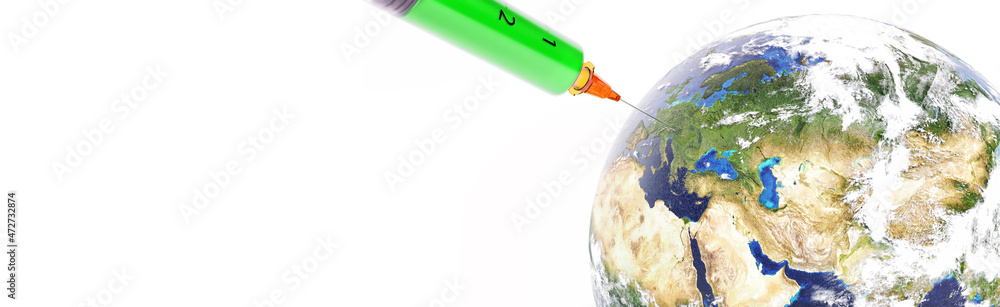 Medical syringe with a needle vaccinated the planet Earth. 3D rendering. Elements of this image furnished by NASA.