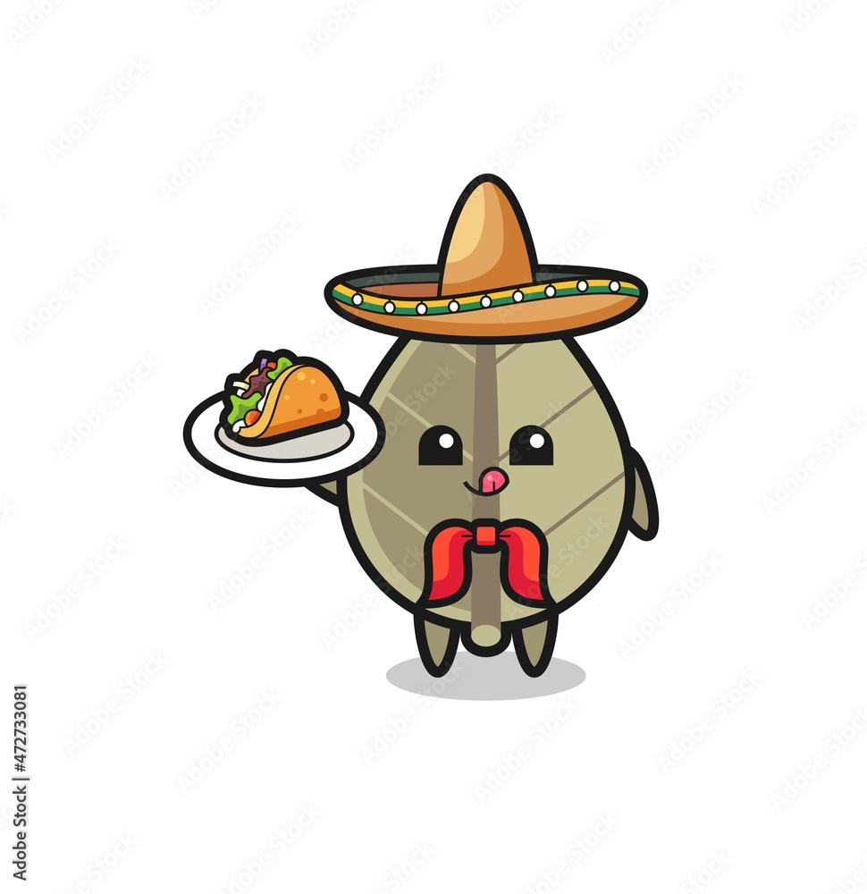 dried leaf Mexican chef mascot holding a taco