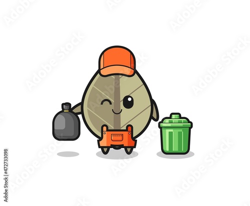 the mascot of cute dried leaf as garbage collector