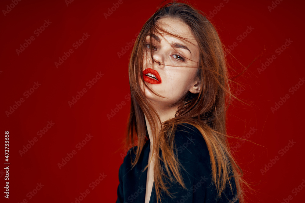 red-haired woman with red lips posing hairstyle glamor red-haired woman with red lips posing hairstyle glamor