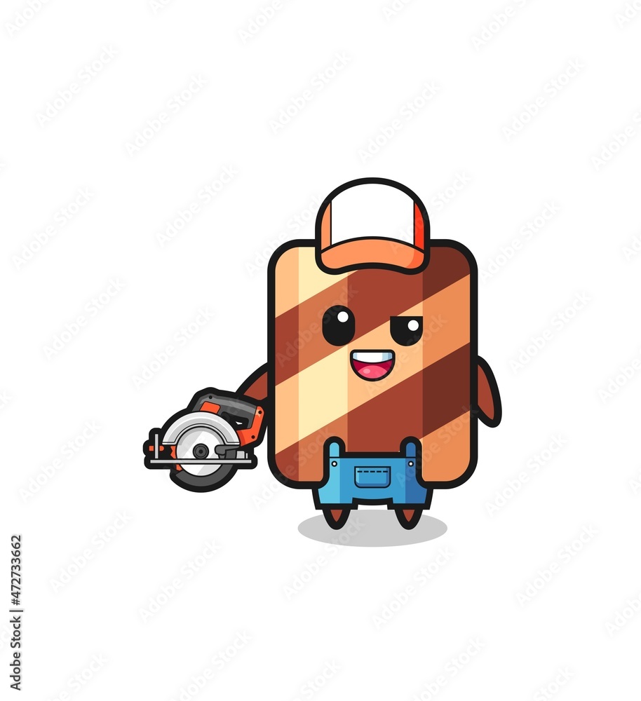 the woodworker wafer roll mascot holding a circular saw the woodworker wafer roll mascot holding a circular saw