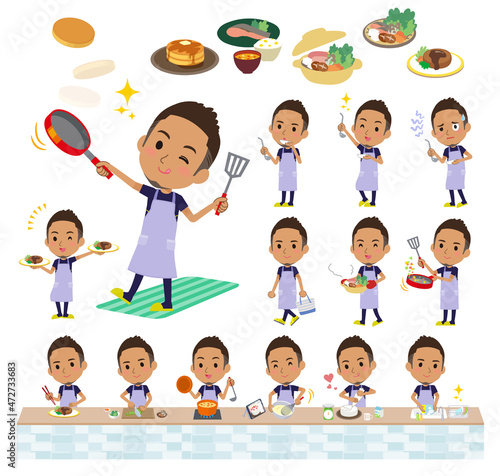 料理に関するスポーツウエアを着た黒人男性のセット