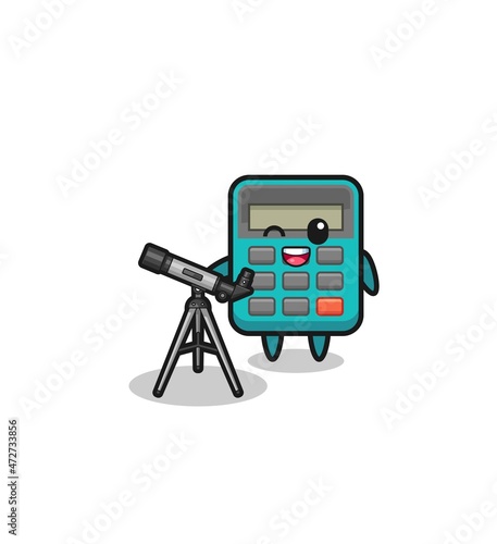 calculator astronomer mascot with a modern telescope