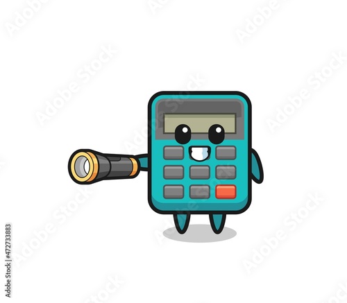 calculator mascot holding flashlight