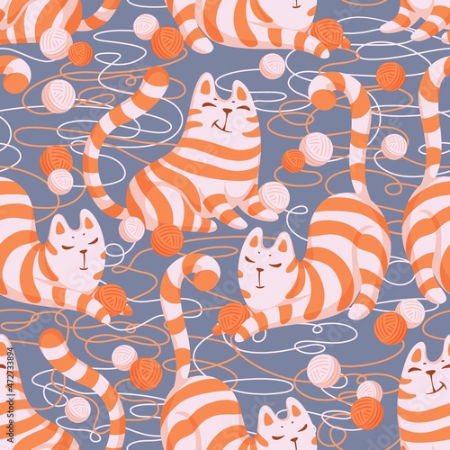 Happy striped red cats that play with balls of wool seamless pattern. Background with decorative cats.