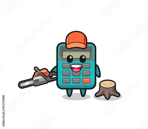 calculator lumberjack character holding a chainsaw