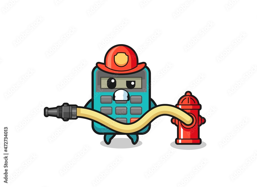 Fototapeta premium calculator cartoon as firefighter mascot with water hose
