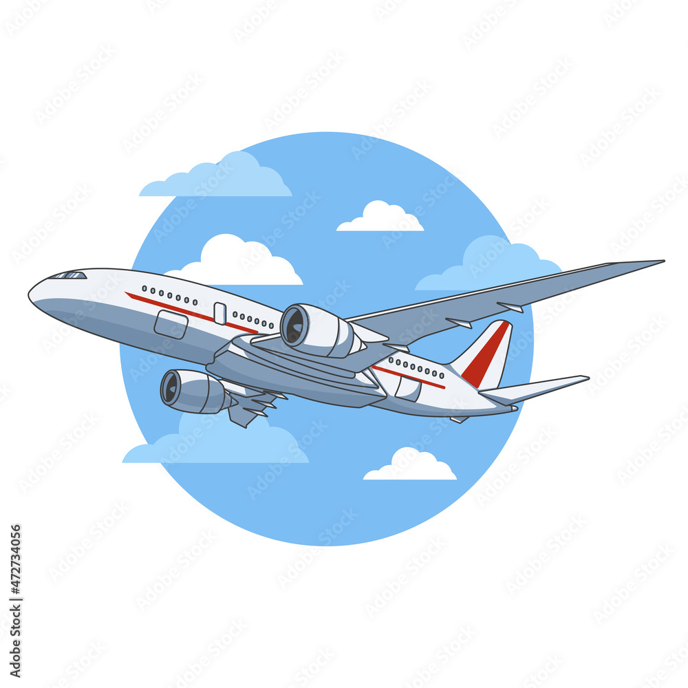 Fototapeta premium Airplane illustration, view of a flying aircraft. Vector illustration