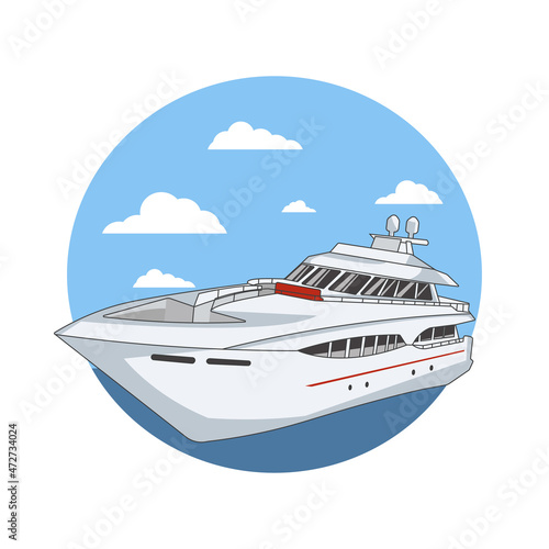 modern design vector transportation item with white cruise ship and clouds on background. Holiday travel poster illustration © Forde