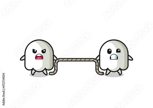 cute ghost character is playing tug of war game