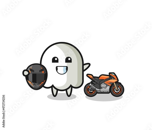 cute ghost cartoon as a motorcycle racer