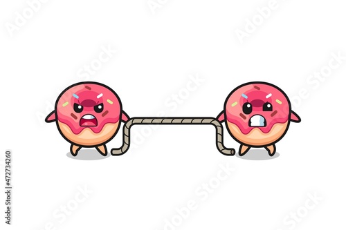 cute doughnut character is playing tug of war game