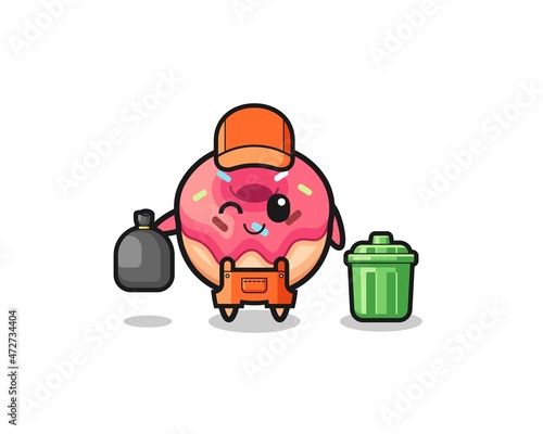 the mascot of cute doughnut as garbage collector