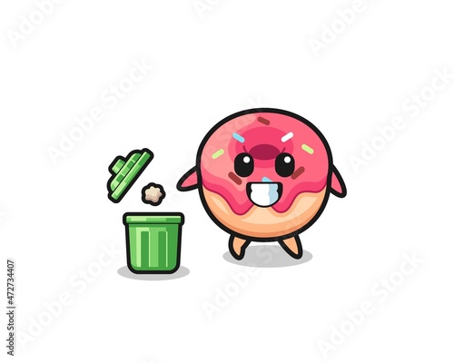 illustration of the doughnut throwing garbage in the trash can