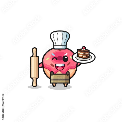doughnut as pastry chef mascot hold rolling pin