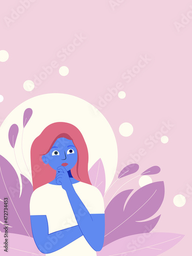 Banner with a pensive girl. The person thinks. Vector graphics.