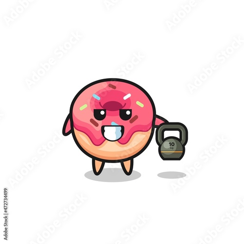 doughnut mascot lifting kettlebell in the gym