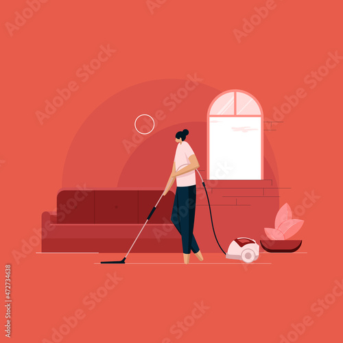Housewife working at home, Women cleaning the house floor with vacuum cleaner