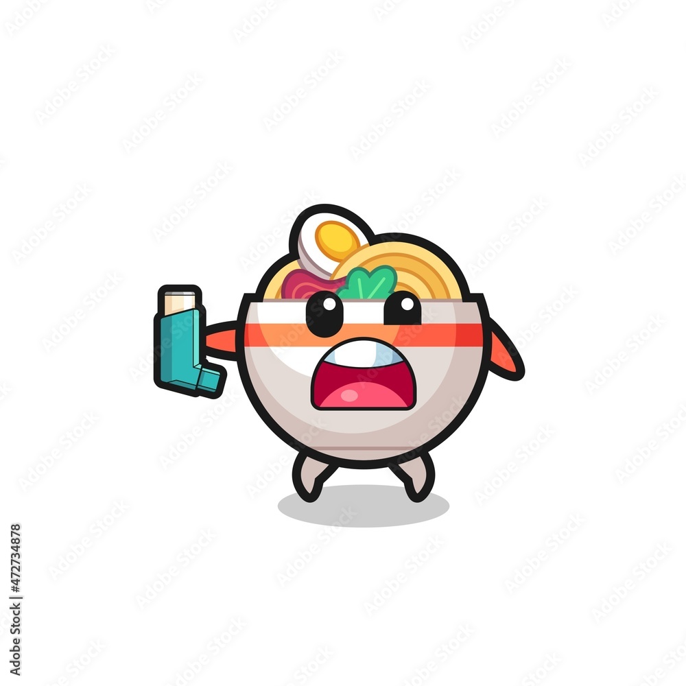 noodle bowl mascot having asthma while holding the inhaler noodle bowl mascot having asthma while holding the inhaler