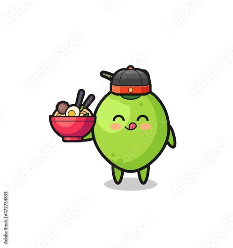 coconut as Chinese chef mascot holding a noodle bowl