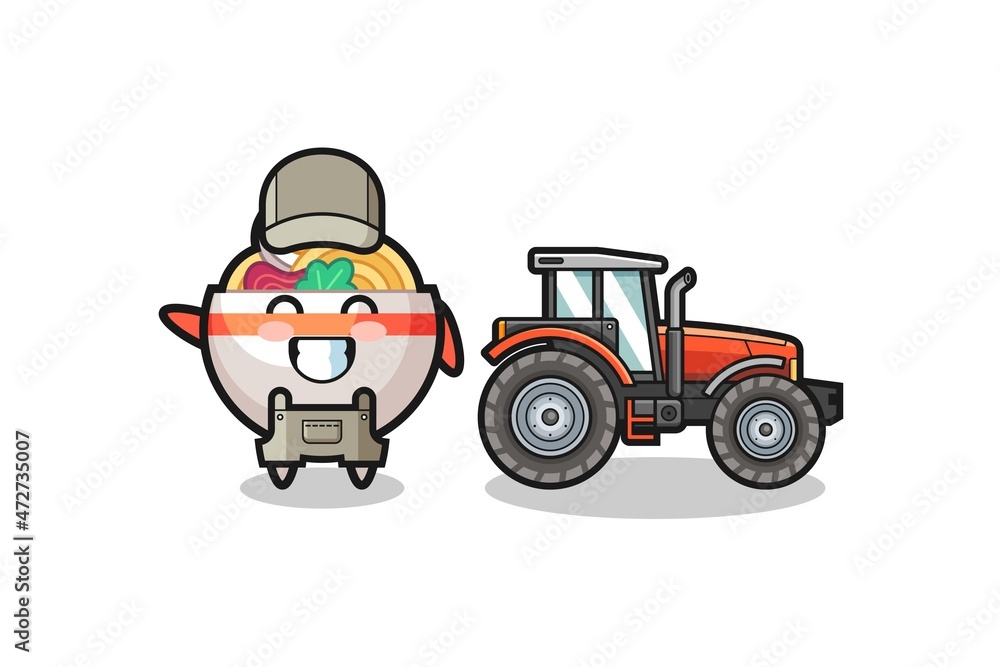 the noodle bowl farmer mascot standing beside a tractor the noodle bowl farmer mascot standing beside a tractor
