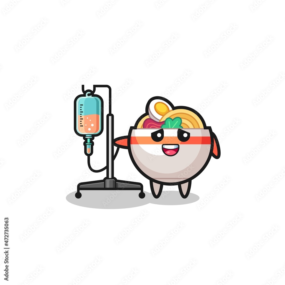 cute noodle bowl character standing with infusion pole