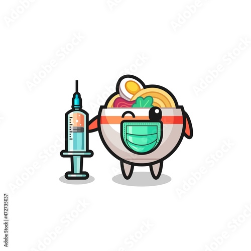 noodle bowl mascot as vaccinator