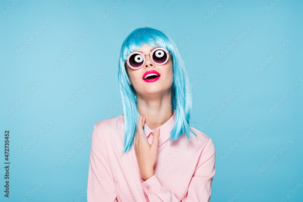 cheerful woman wearing sunglasses purple wig fashion glamor cheerful woman wearing sunglasses purple wig fashion glamor