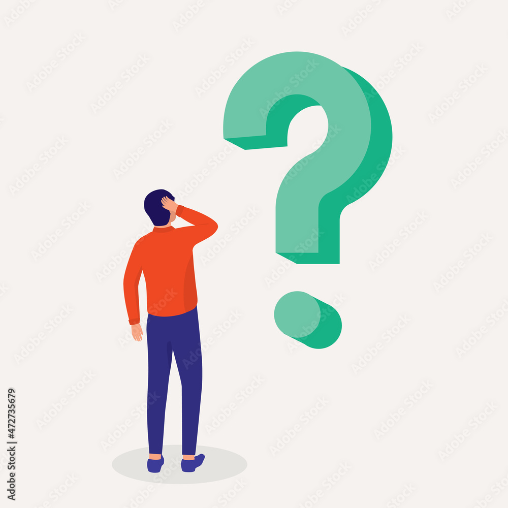 Back View Of A Confused Businessman With A Big Question Mark Standing And Scratching His Head. Back View Of A Confused Businessman With A Big Question Mark Standing And Scratching His Head.
