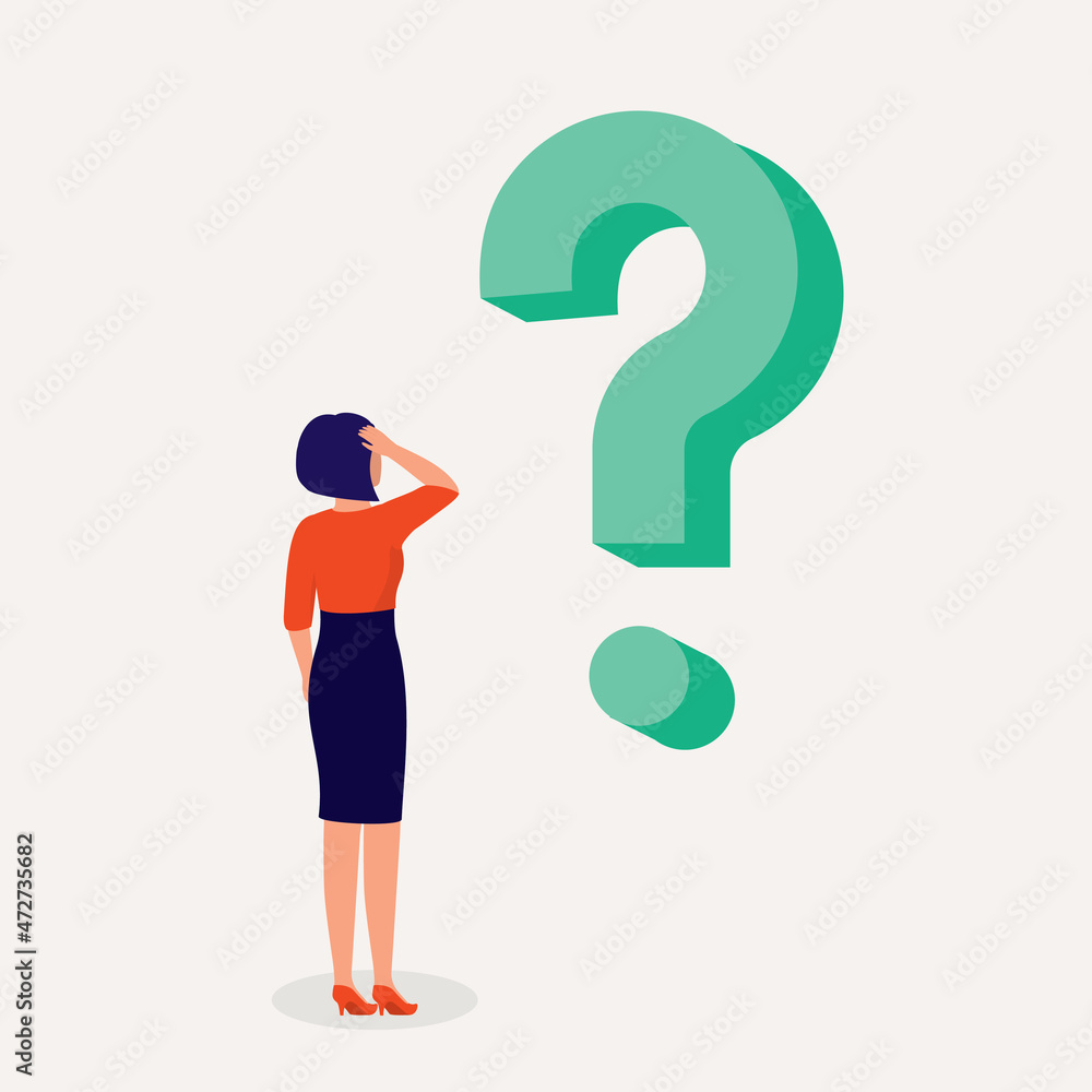 Back View Of A Confused Businesswoman With A Big Question Mark Standing