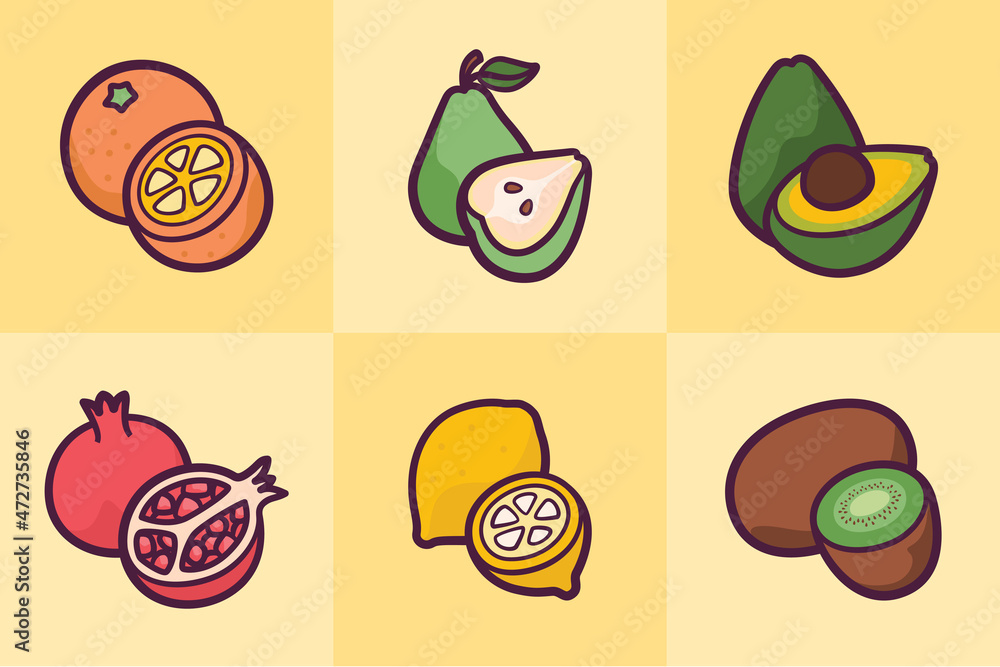 Different Types Of Fruits Icon In Doodle Style.