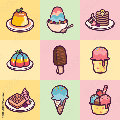 Different Types Of Dessert Icon In Doodle Style.