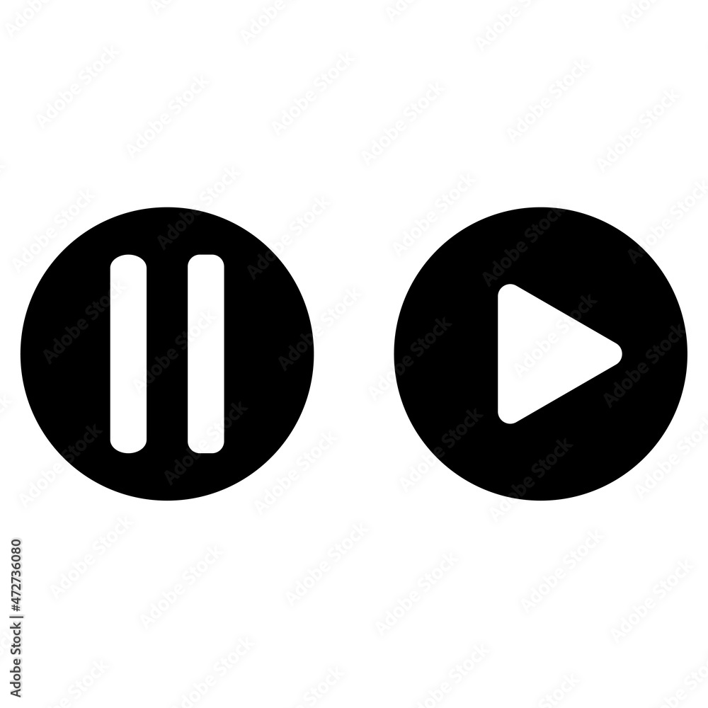 Pause sign. Play icon. White symbols in black circle. Multimedia ...