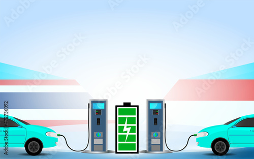 electric car charging battery on background with thailand flag with indonesia. Competition to be a leader in electric vehicle production