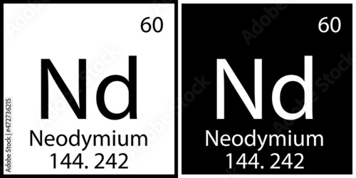 Neodymium symbol. Periodic table. Atomic number. Chemical element. Black white square. Vector illustration. Stock image. 