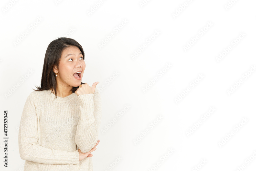 Pointing aside Showing Product with wow face of Beautiful Asian Woman Isolated On White Background Pointing aside Showing Product with wow face of Beautiful Asian Woman Isolated On White Background