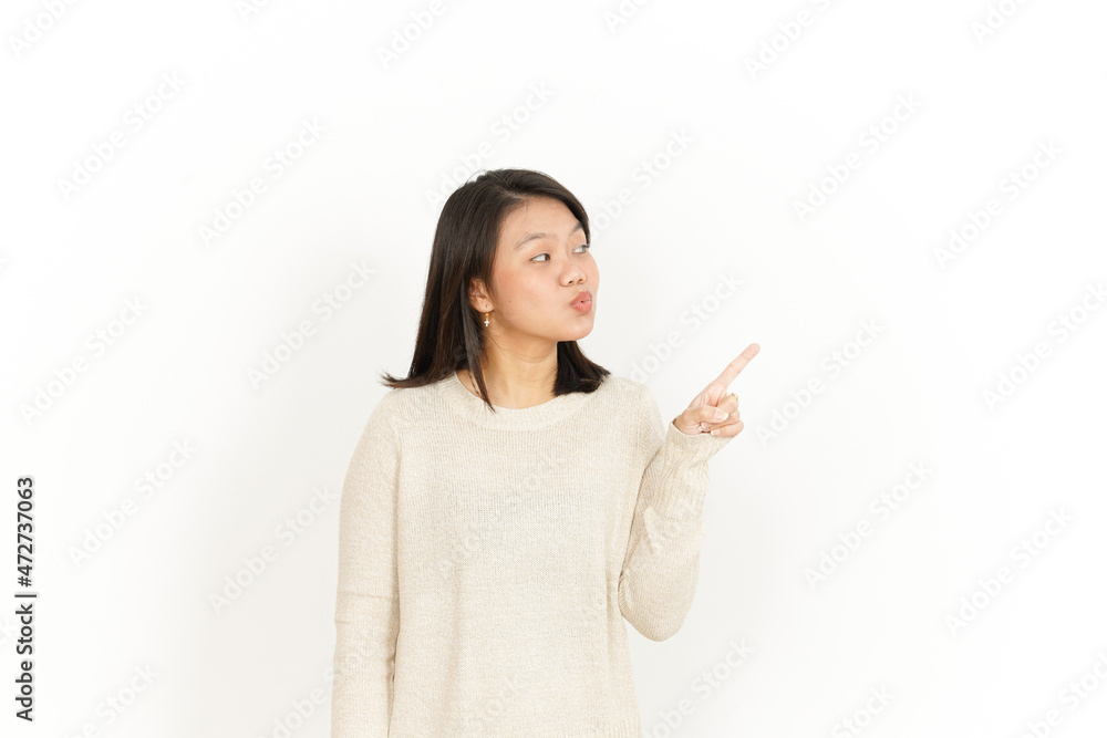 Pointing aside Showing Product with wow face of Beautiful Asian Woman Isolated On White Background Pointing aside Showing Product with wow face of Beautiful Asian Woman Isolated On White Background