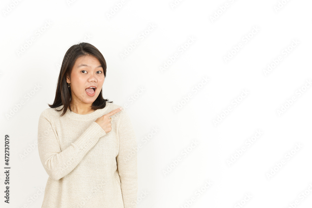 Pointing aside Showing Product with wow face of Beautiful Asian Woman Isolated On White Background Pointing aside Showing Product with wow face of Beautiful Asian Woman Isolated On White Background