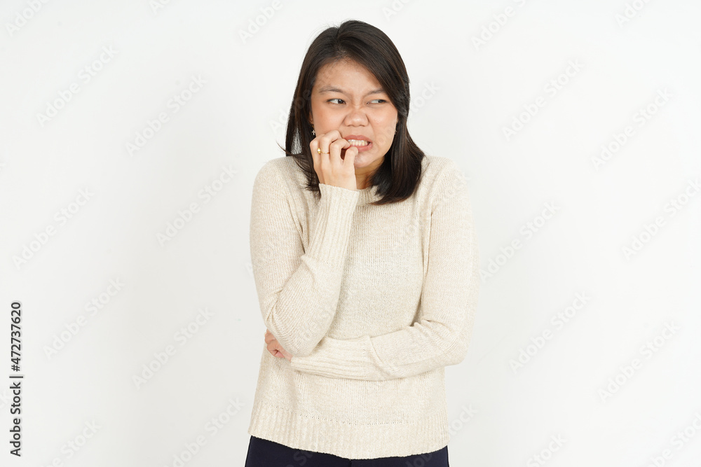 Afraid , nervous and bite nails of Beautiful Asian Woman Isolated On White Background Afraid , nervous and bite nails of Beautiful Asian Woman Isolated On White Background
