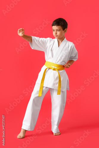 Little boy practicing karate on color background photo