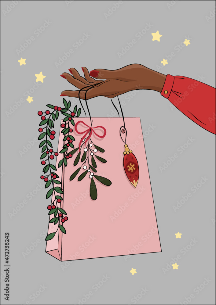 Kobieca ręka trzymająca torebkę podarunkową. Dziewczyna oferująca prezent. Bożonarodzeniowa ilustracja z pakunkiem prezentowym, bombką, wstążką i innymi świątecznymi dekoracjami. Wektorowa ilustracja. - obrazy, fototapety, plakaty 