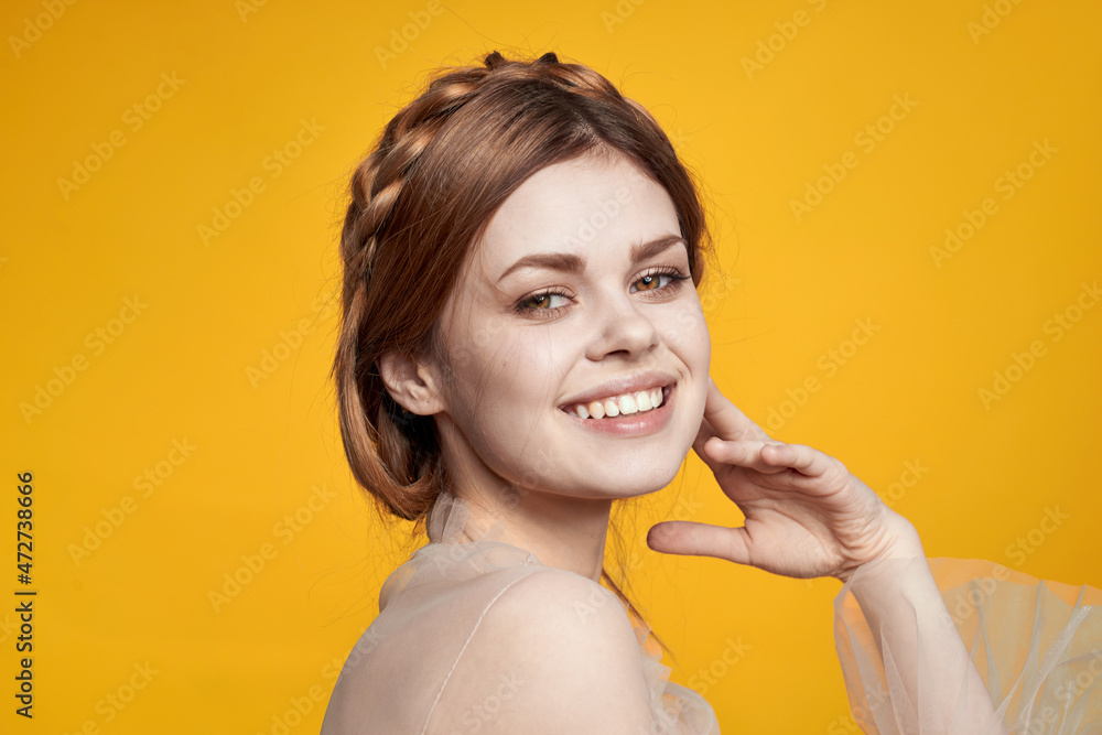 pretty woman in beige dress posing charm isolated background pretty woman in beige dress posing charm isolated background