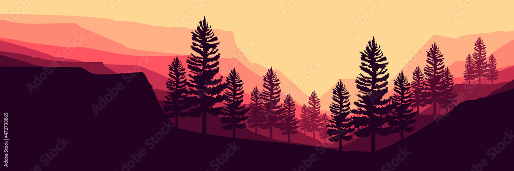 Fototapeta premium landscape mountain flat design vector illustration good for web banner, blog banner, wallpaper, background template, adventure design, tourism poster design, backdrop design