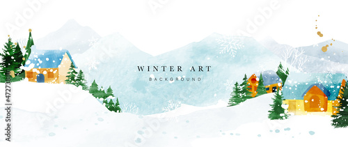 Winter background vector. Hand painted watercolor drawing for Christmas  and Happy New Year season. Background design for invitation, cards, social post, ad, cover, sale banner and invitation.