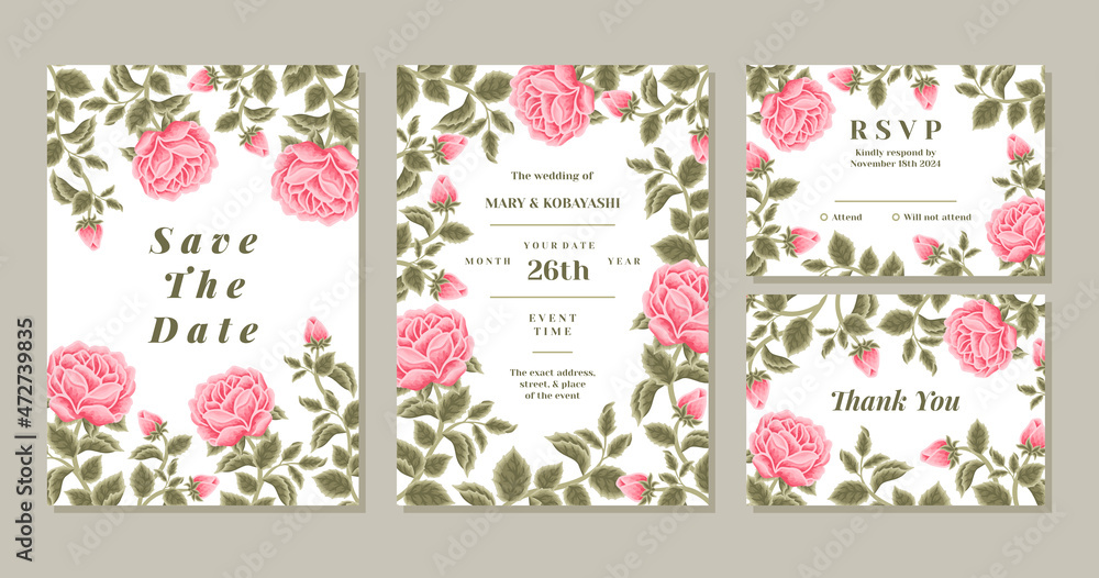 Set of vintage beautiful shabby chic wedding invitation vector template set with rose flower, peony, leaf branch, garden element, greenery illustrations
