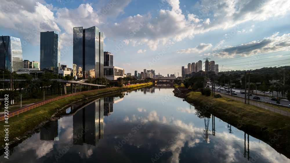 Modern office buildings and Pinheiros River in Sao Paulo city, Brazil.