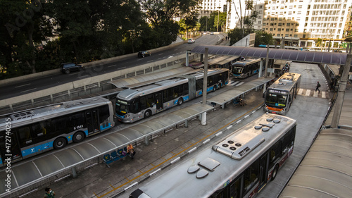 Movement of buses and passengers in Bandeira Bus Terminal, in downtown Sao Paulo
